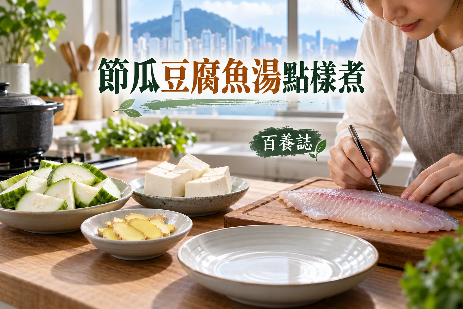 香港家居廚房備妥節瓜厚片、豆腐大件、已查刺魚柳、薑片,以及分開的生熟砧板和餐具