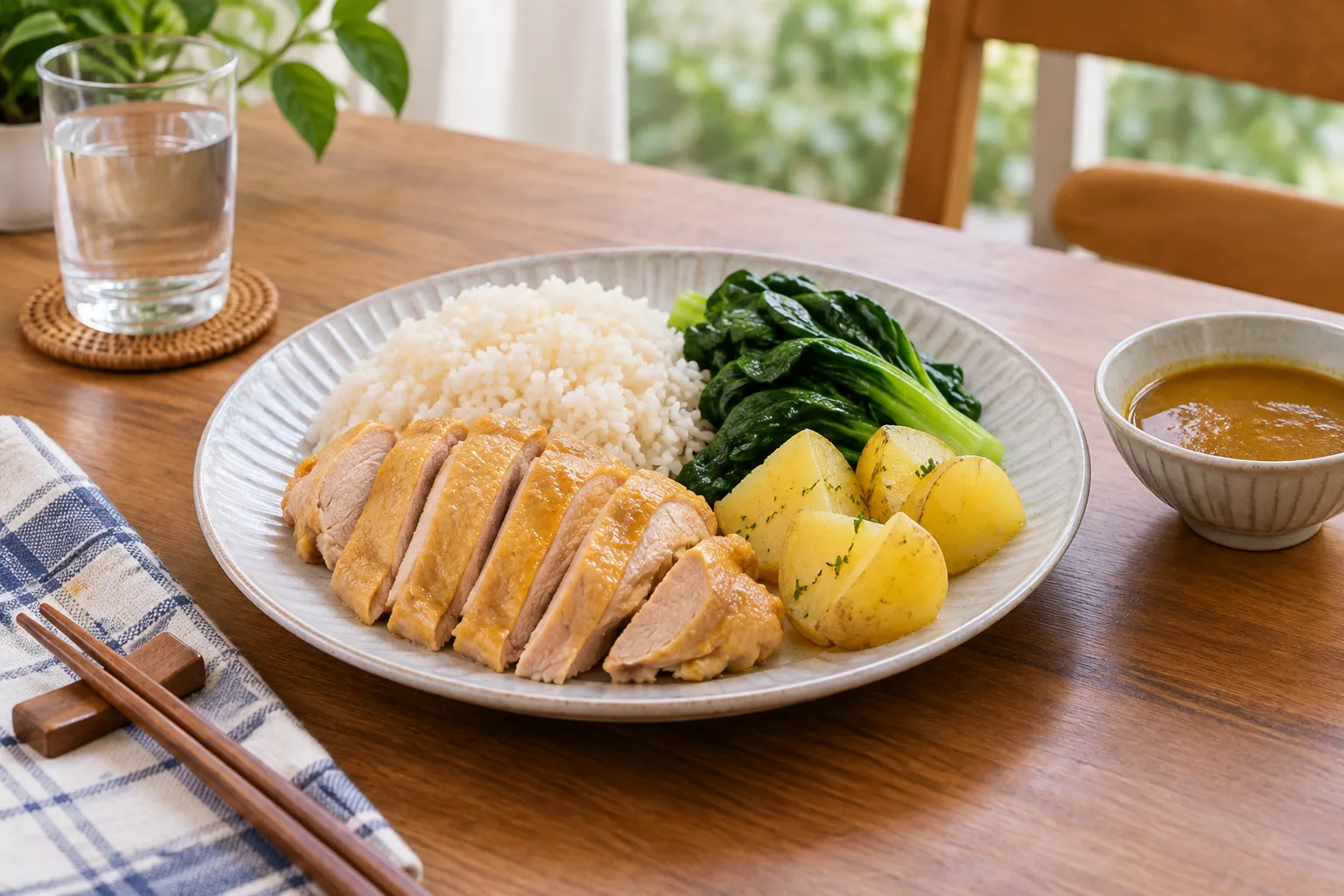 白飯、雞件、薯仔、蔬菜與另盛咖喱汁的餐盤情境。