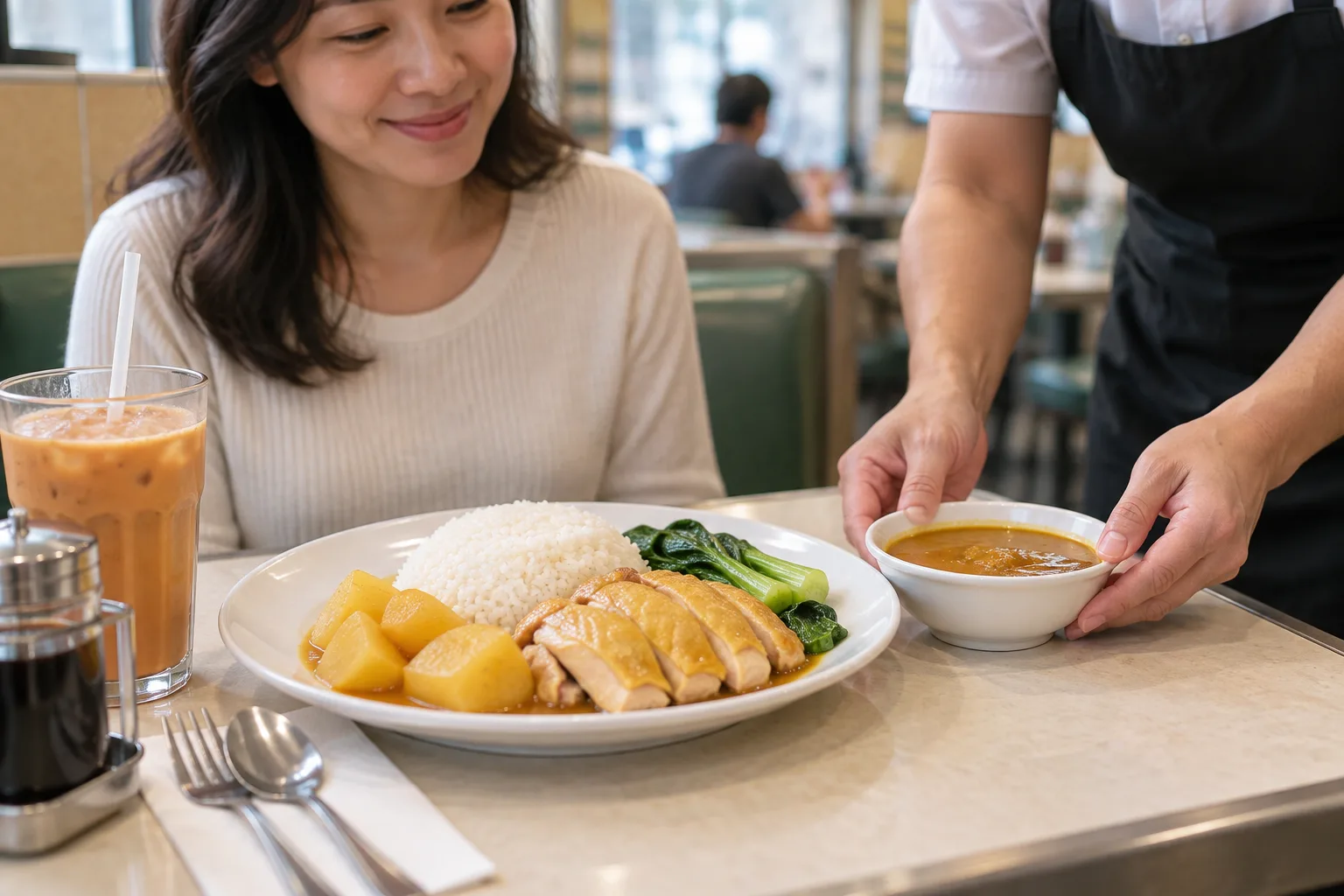 茶餐廳的咖喱雞飯、薯仔和蔬菜,咖喱汁另盛小碗。