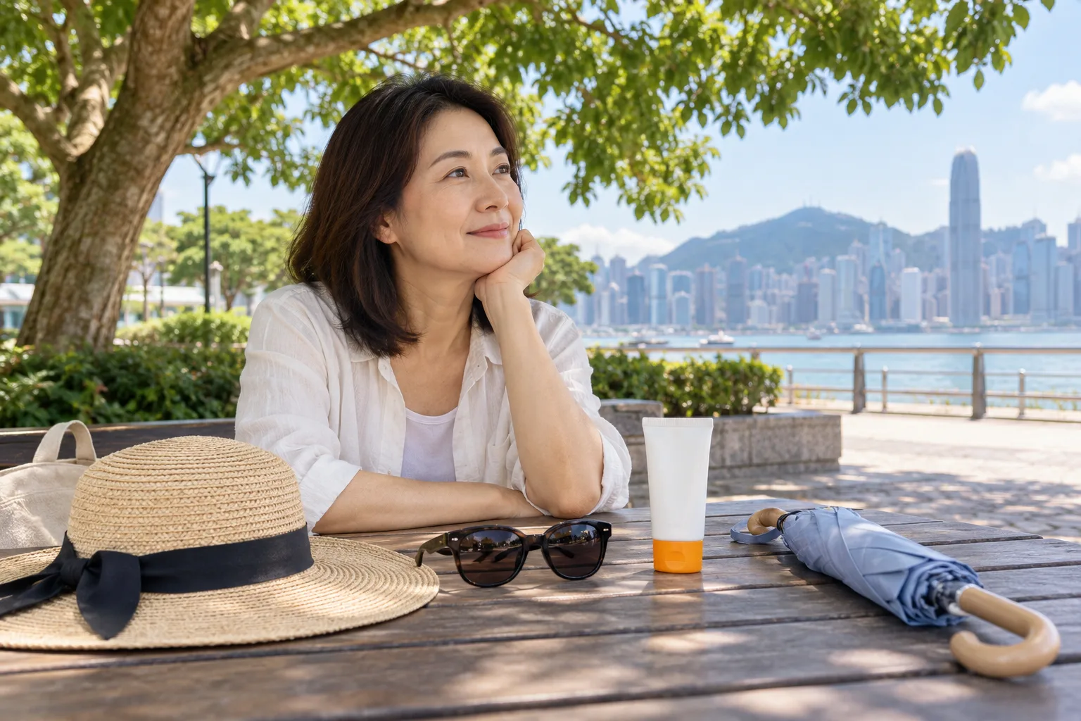 成年人坐在海濱樹蔭下,桌上放着闊邊帽、太陽眼鏡、無品牌防曬管及遮陽傘。