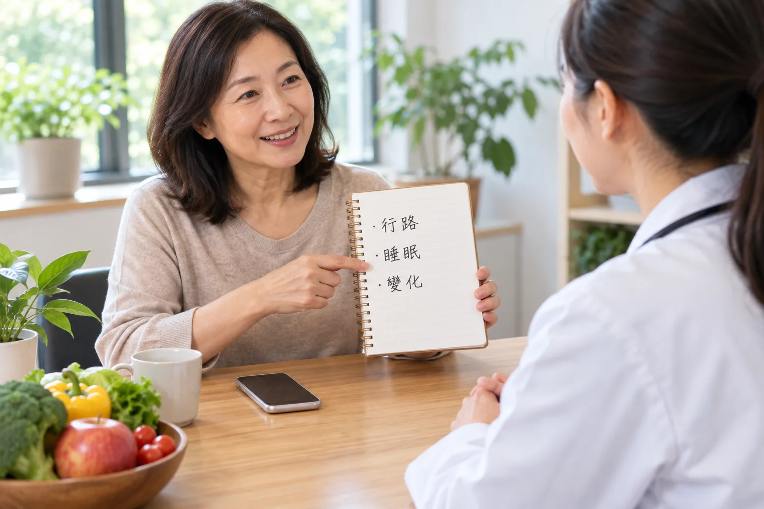 成年人把行路、睡眠與變化記在筆記簿並向醫護展示,沒有虛構個資或診斷。