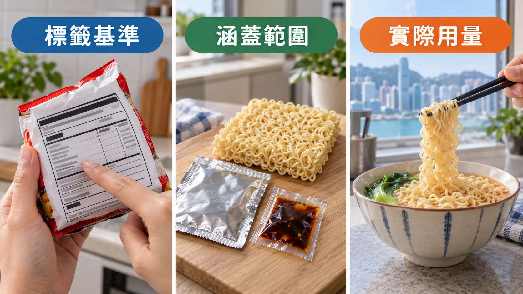 即食麵核對指南分成標籤基準、涵蓋範圍與實際用量三格。