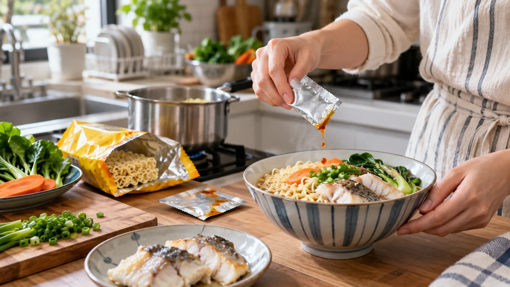 家居桌上熟麵、蔬菜與熟魚肉的配搭,旁邊有調味小袋。