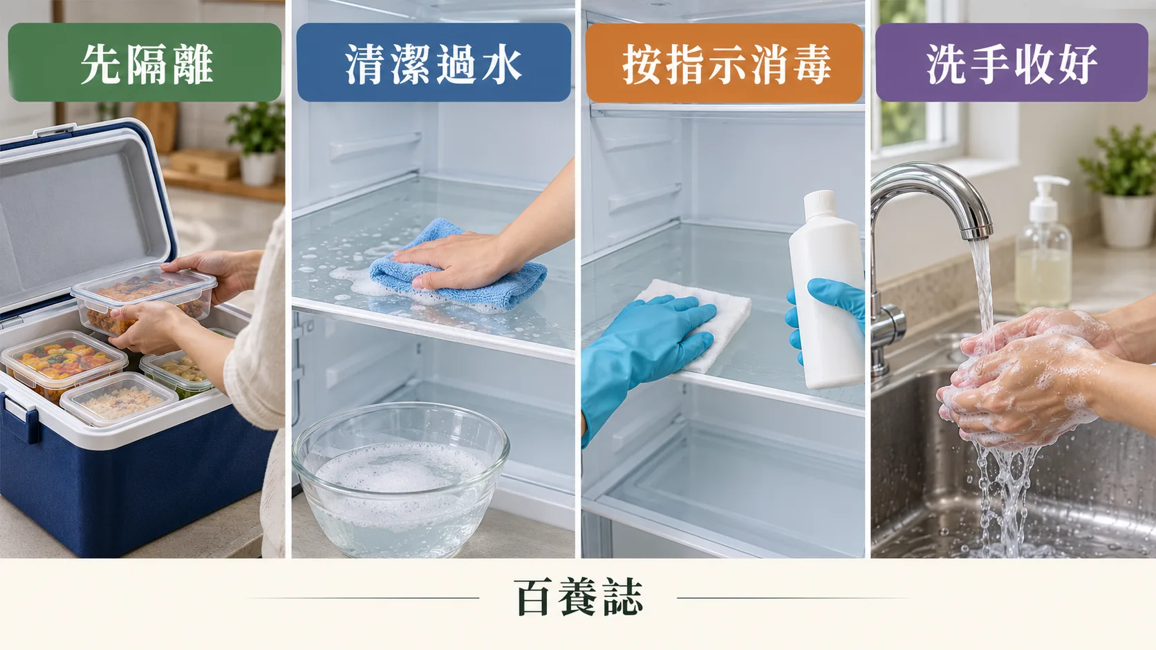 四格示意隔離食品、清洗空雪櫃架、按指示消毒空架及洗手。