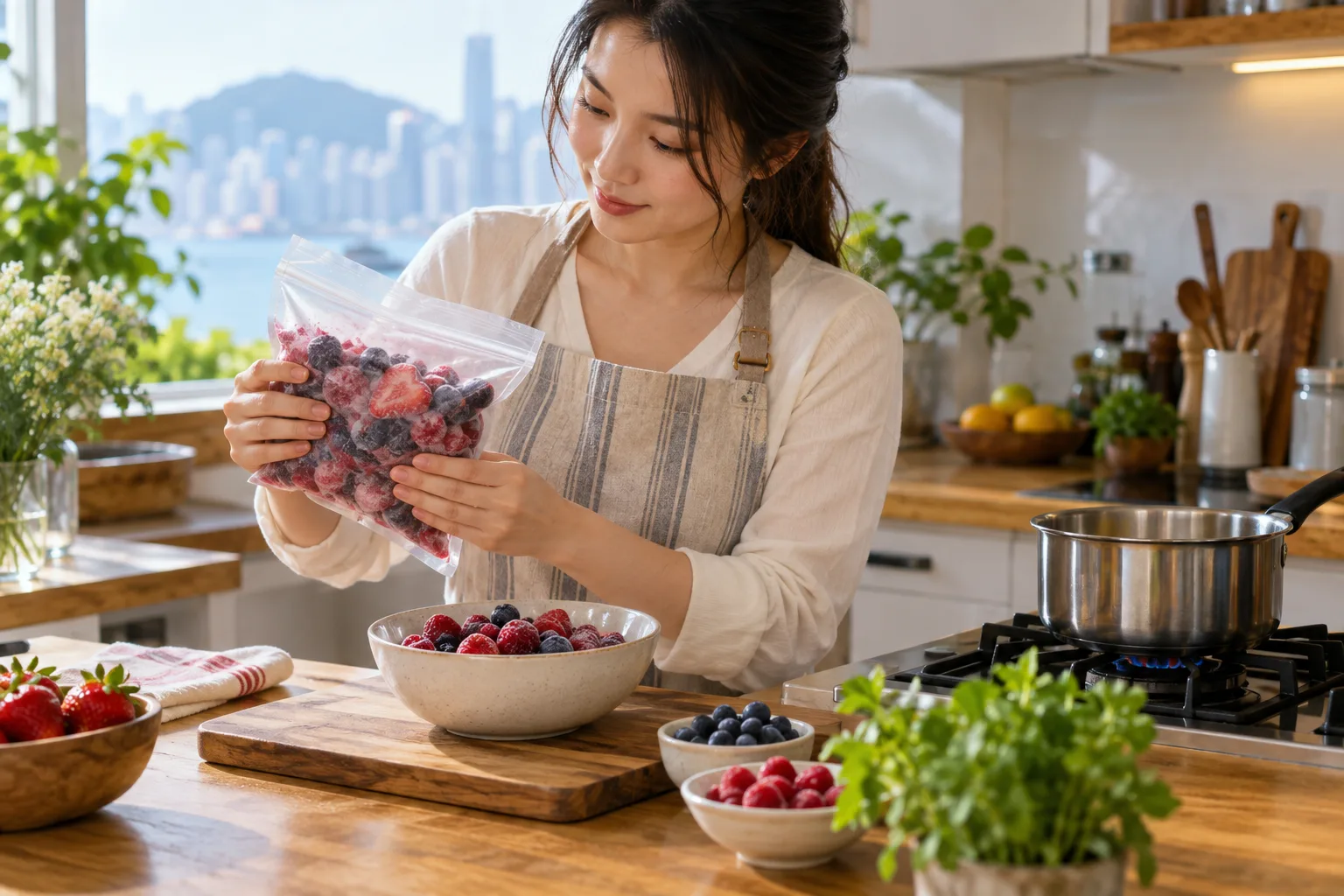 成年人把急凍莓果按烹調流程處理,桌上另有已煮莓果與乳酪配搭。
