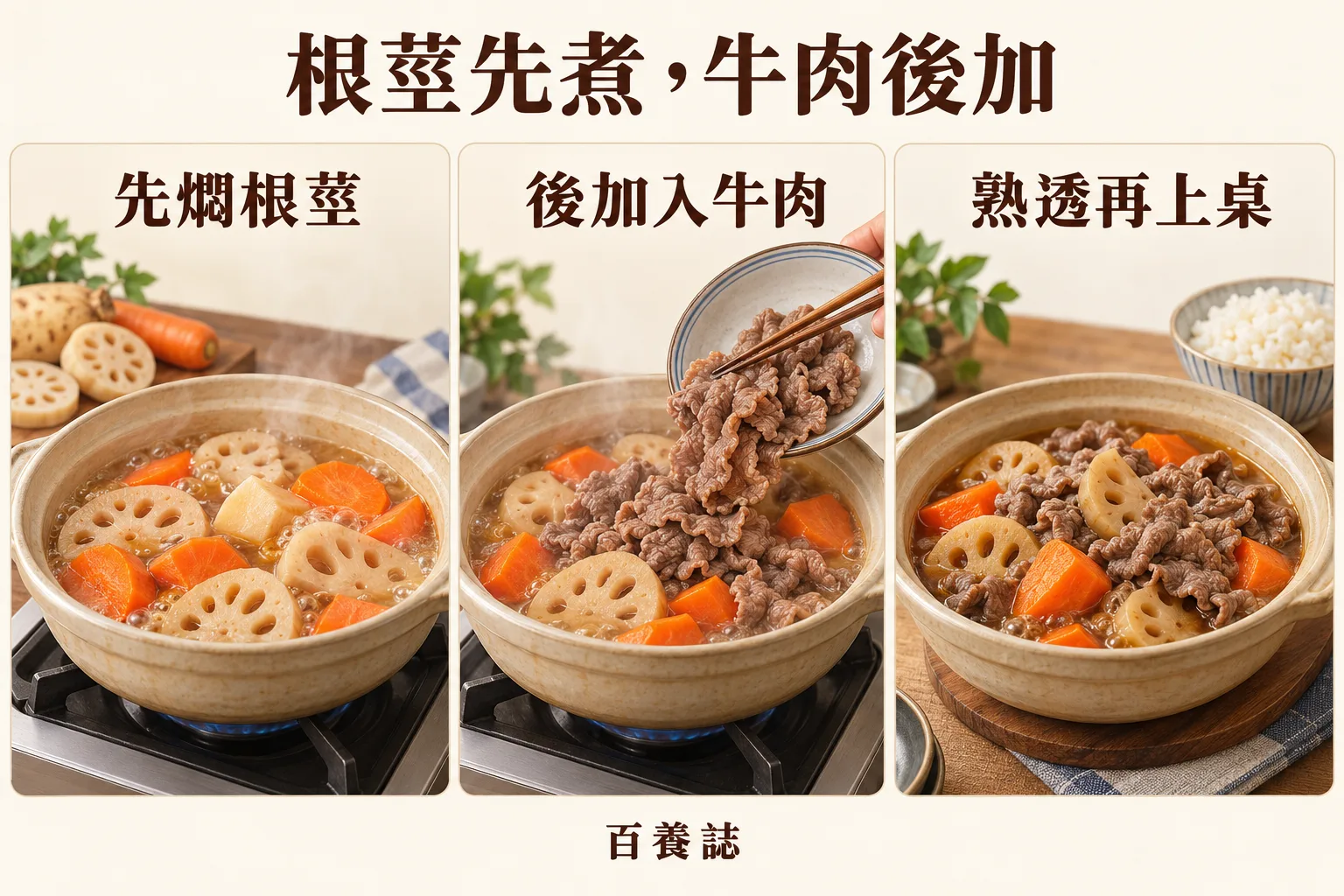 三格示意先燜根莖、後加入牛肉及熟透上桌。