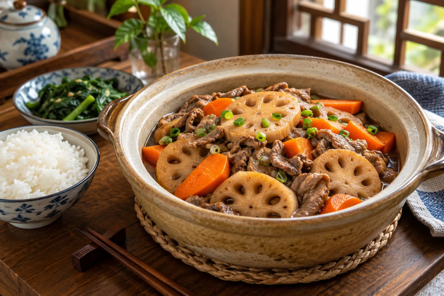 薄切熟牛肉與蓮藕、紅蘿蔔燜菜配飯及蔬菜的家常餐桌。