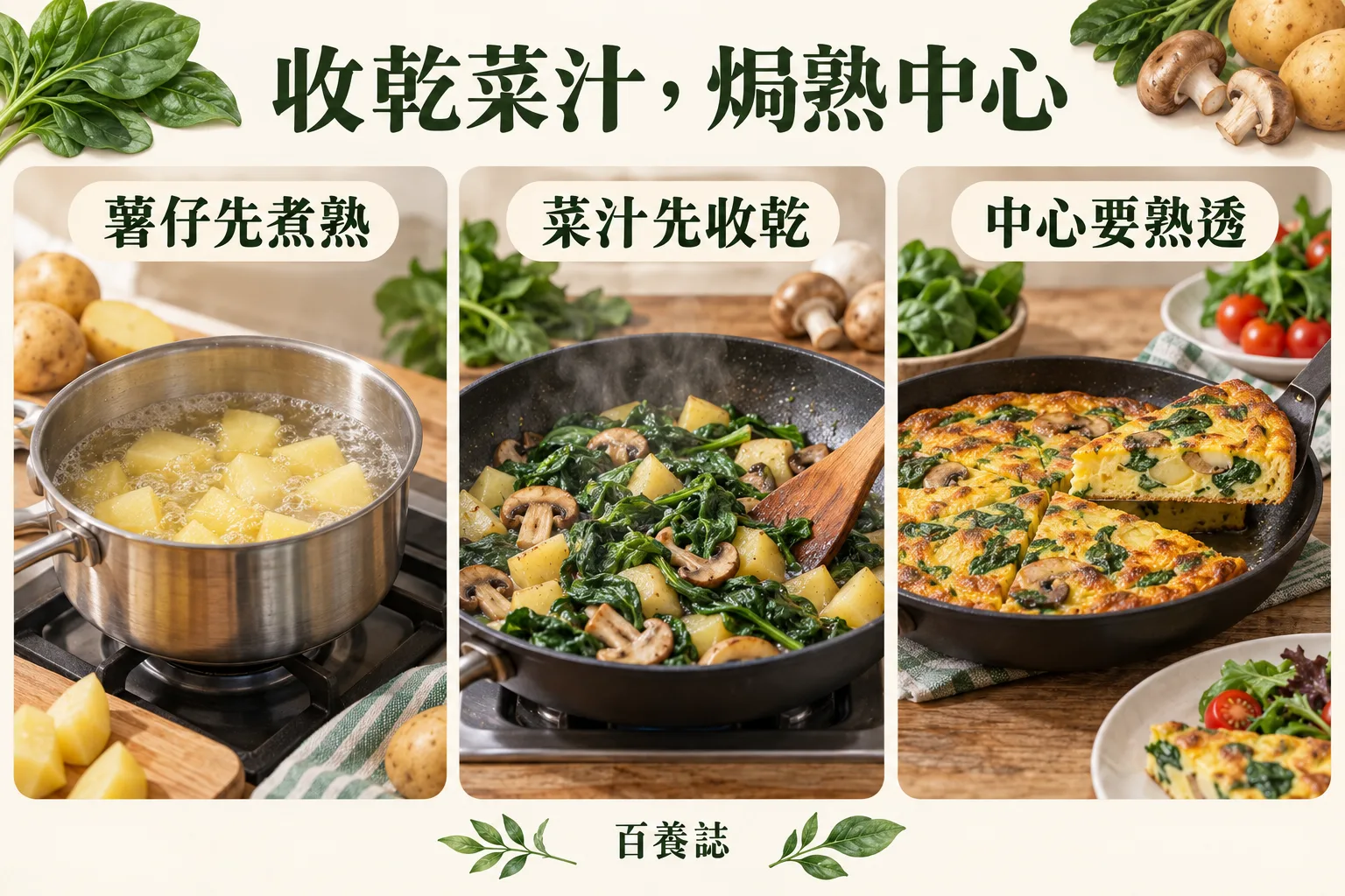 三格示意薯仔先熟、菜汁收乾及蛋液中心熟透。