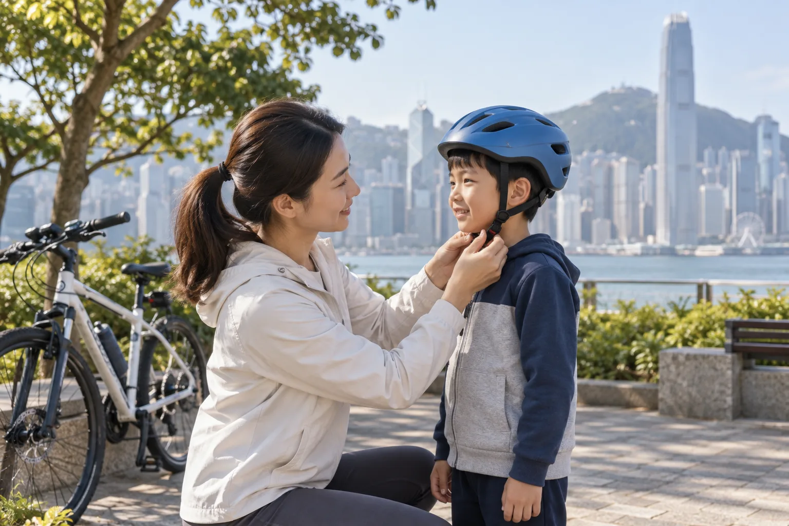 母親在單車停定時協助孩子調整頭盔下巴扣帶。
