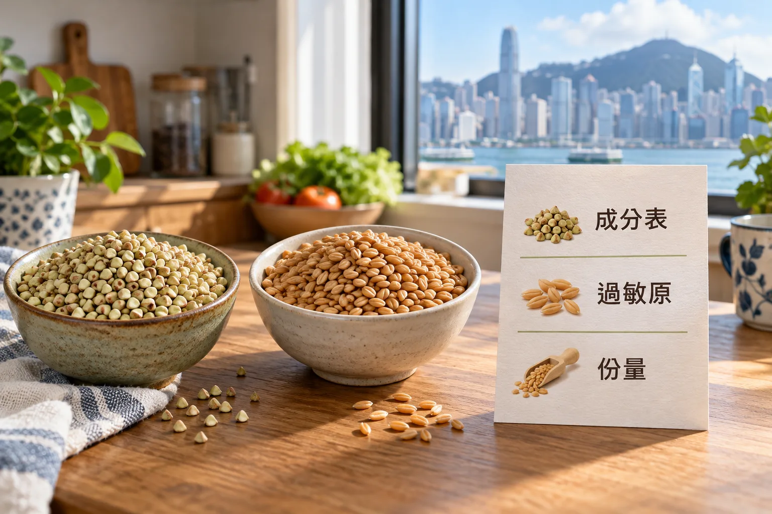 穀物、標籤及成分表、過敏原、份量三項閱讀提示。