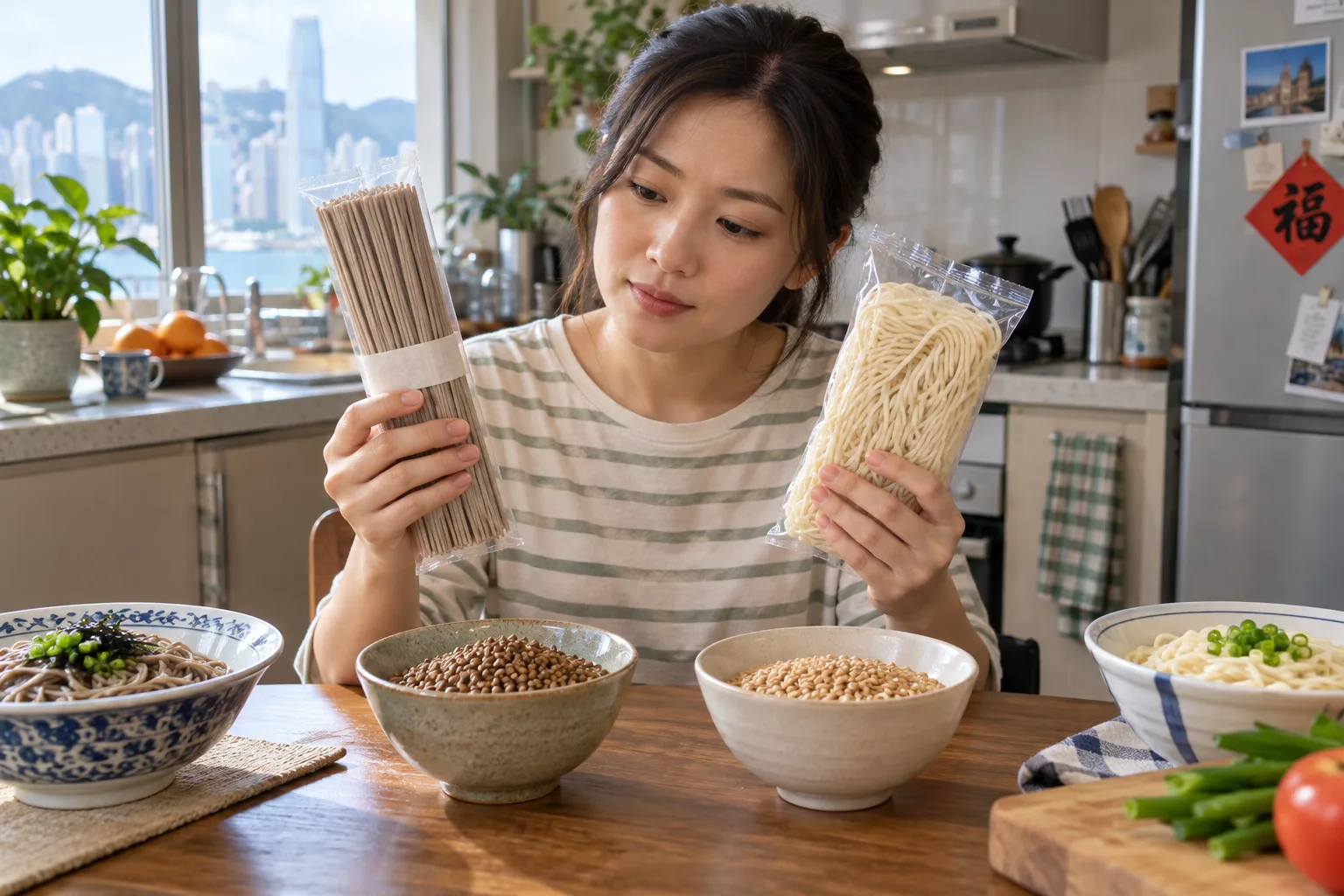 讀蕎麥麵包裝的配料表,旁邊放有不同穀物的示意碗。