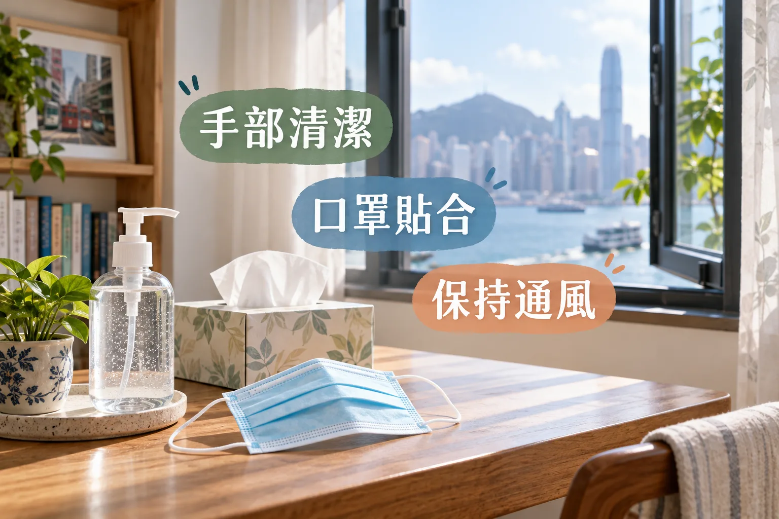 洗手用品、貼合口罩和開窗通風三項家居防護提示。