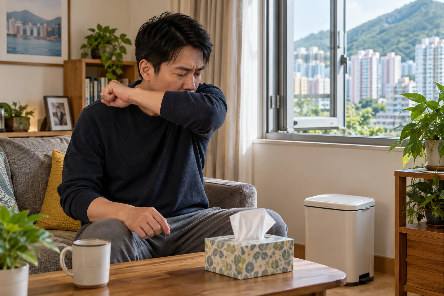 香港家居內一名成人以手肘內側遮擋咳嗽,窗戶保持通風。