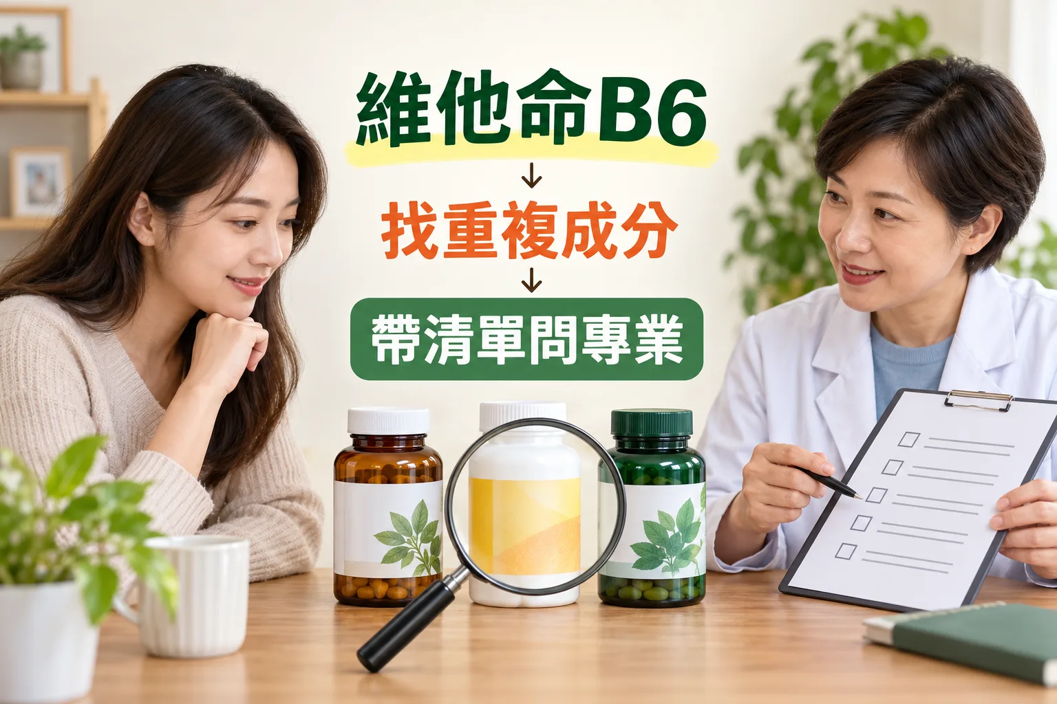 補充品、放大鏡和找重複成分、帶清單問專業的標籤閱讀提示。