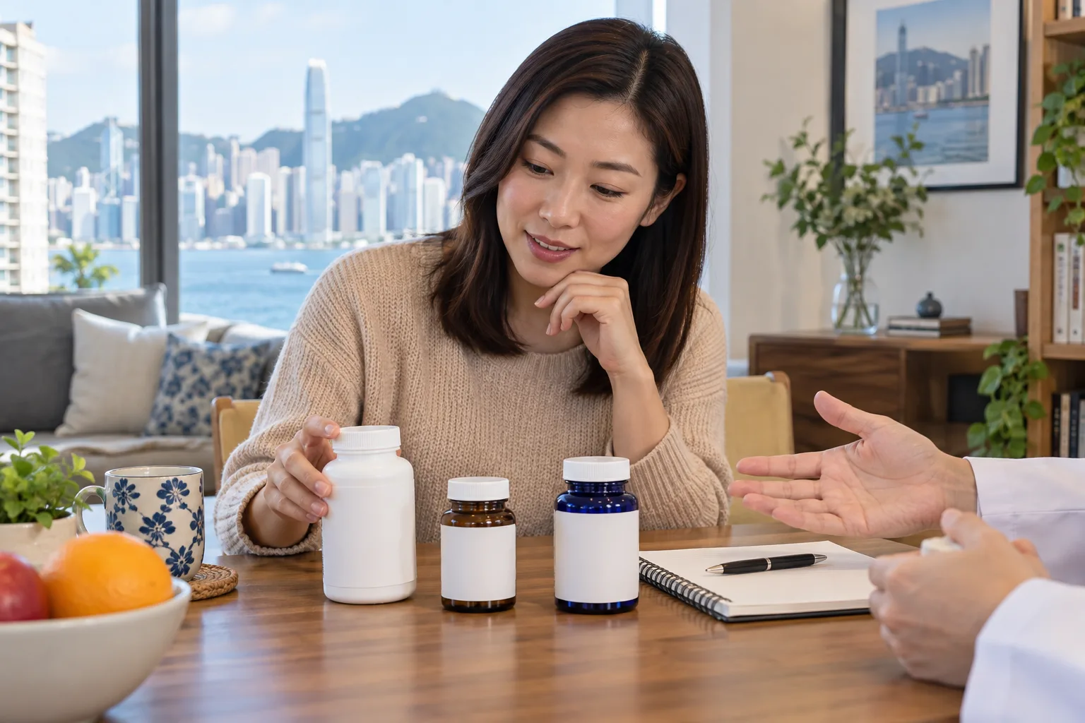 成人把幾類補充品放在一起,使用筆記核對重複成分。