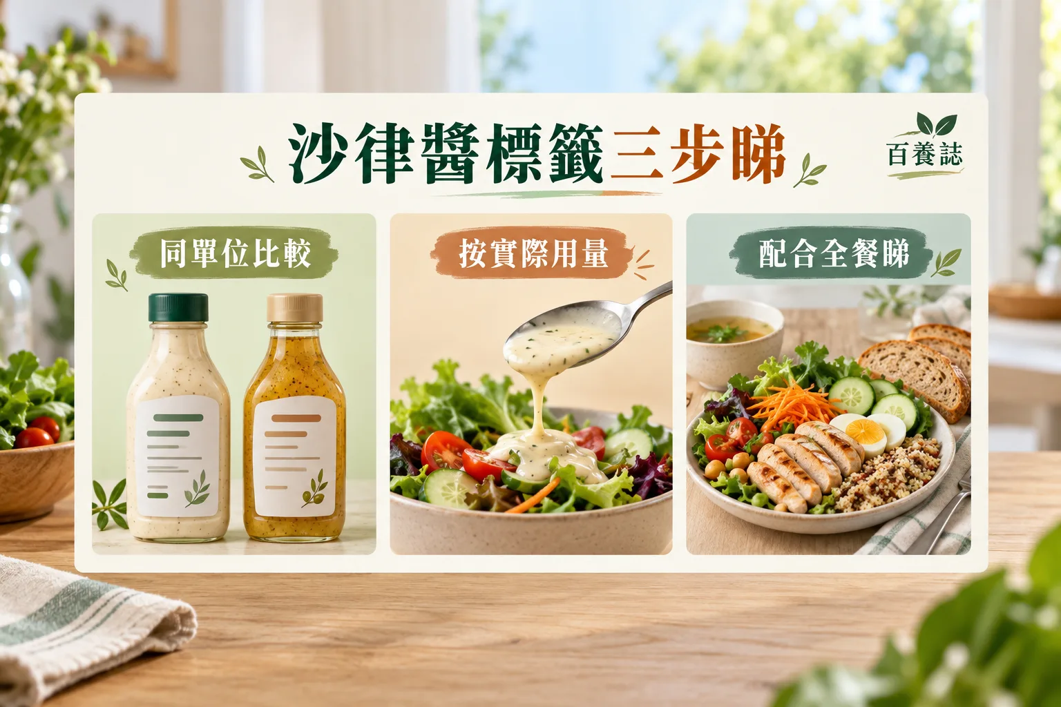 沙律醬標籤的同單位、實際用量及全餐配搭三步提示。