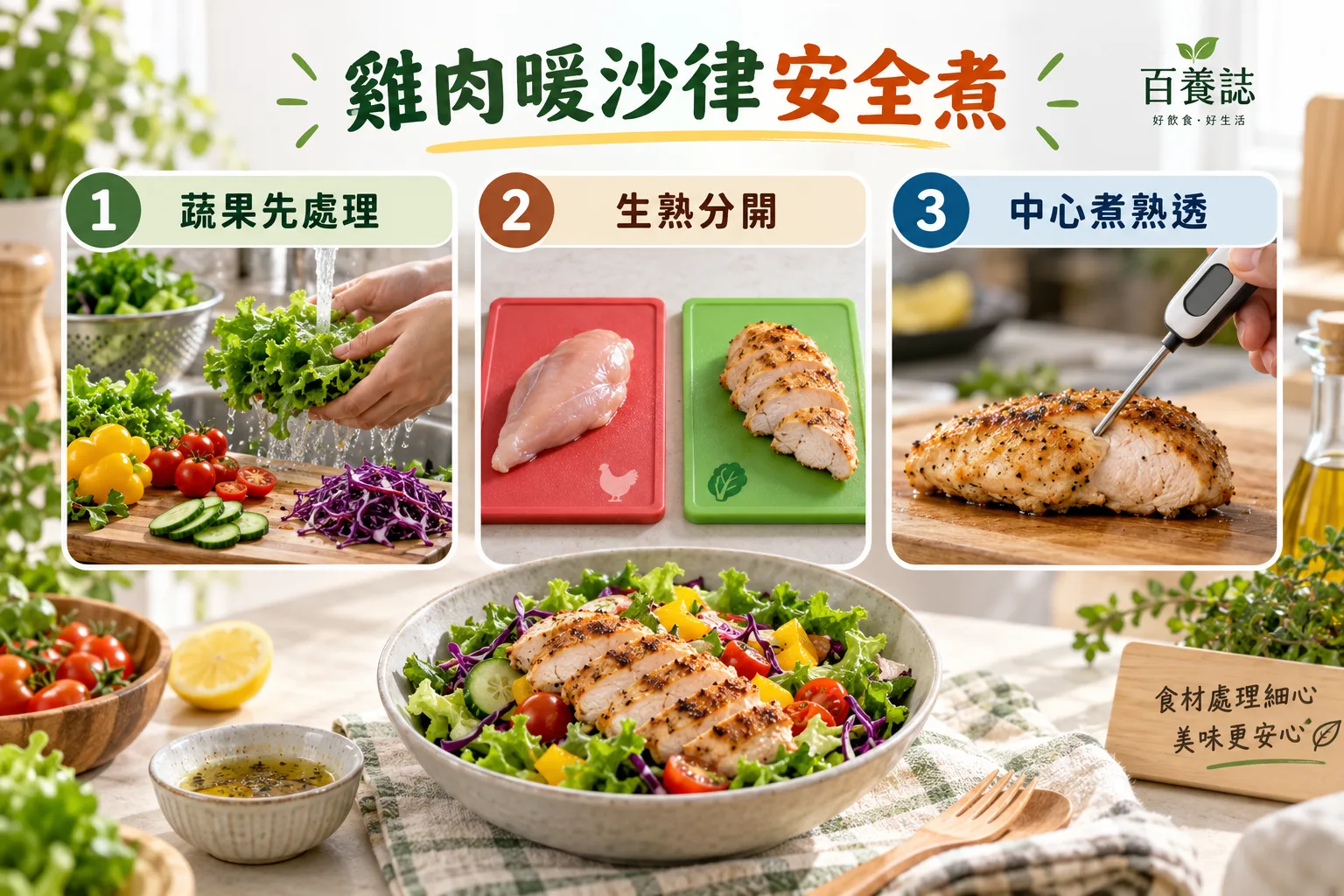 雞肉暖沙律的先處理蔬果、生熟分開及中心熟透三項安全提示。
