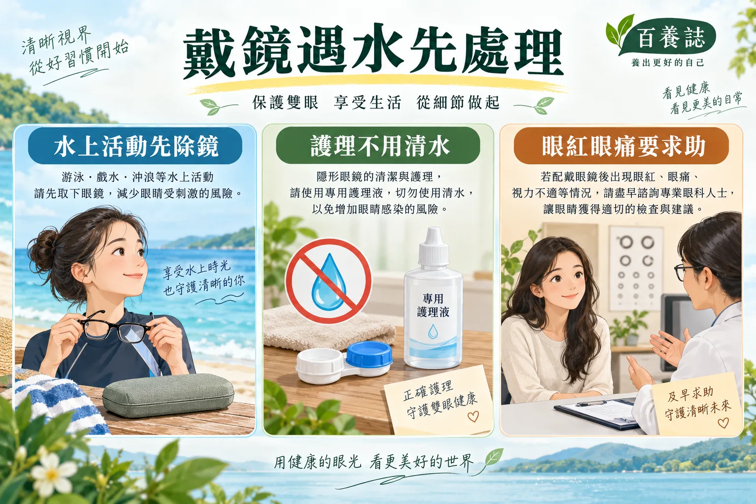 隱形眼鏡遇水後的除鏡、正確護理及眼痛求助三項提示。