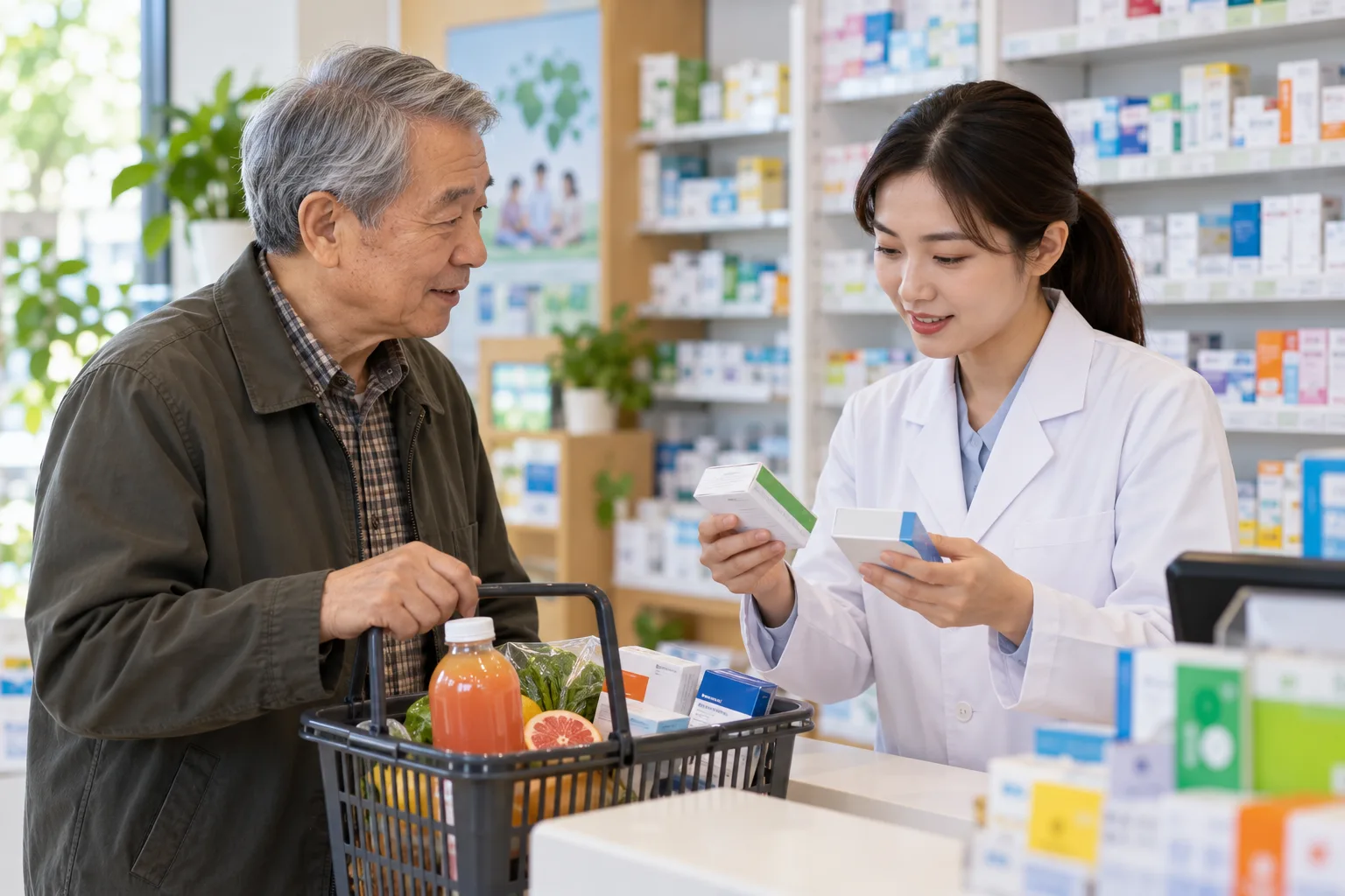 成人帶同完整藥袋和西柚,與藥劑師核對用藥資料。