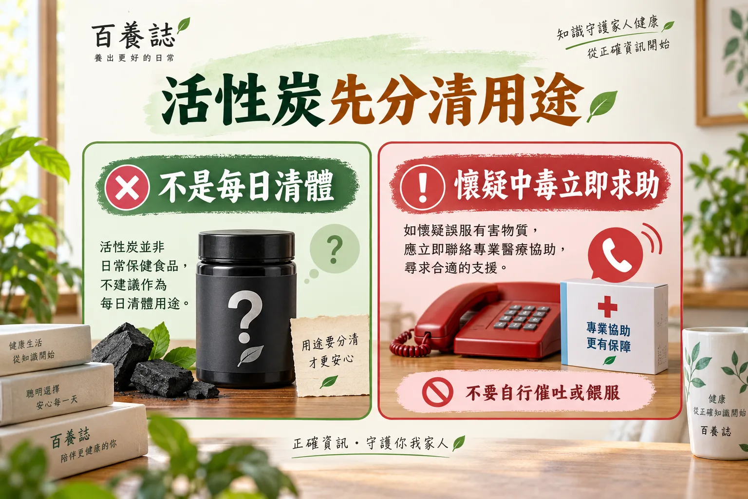 活性炭不是每日清體、懷疑中毒立即求助及不要自行催吐餵服的提示。