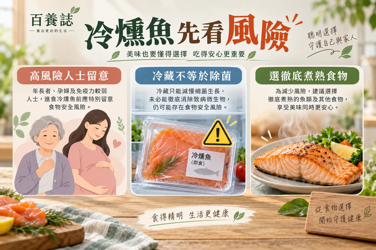 冷燻魚的高風險人士、冷藏不等於除菌及徹底煮熟三項提示。
