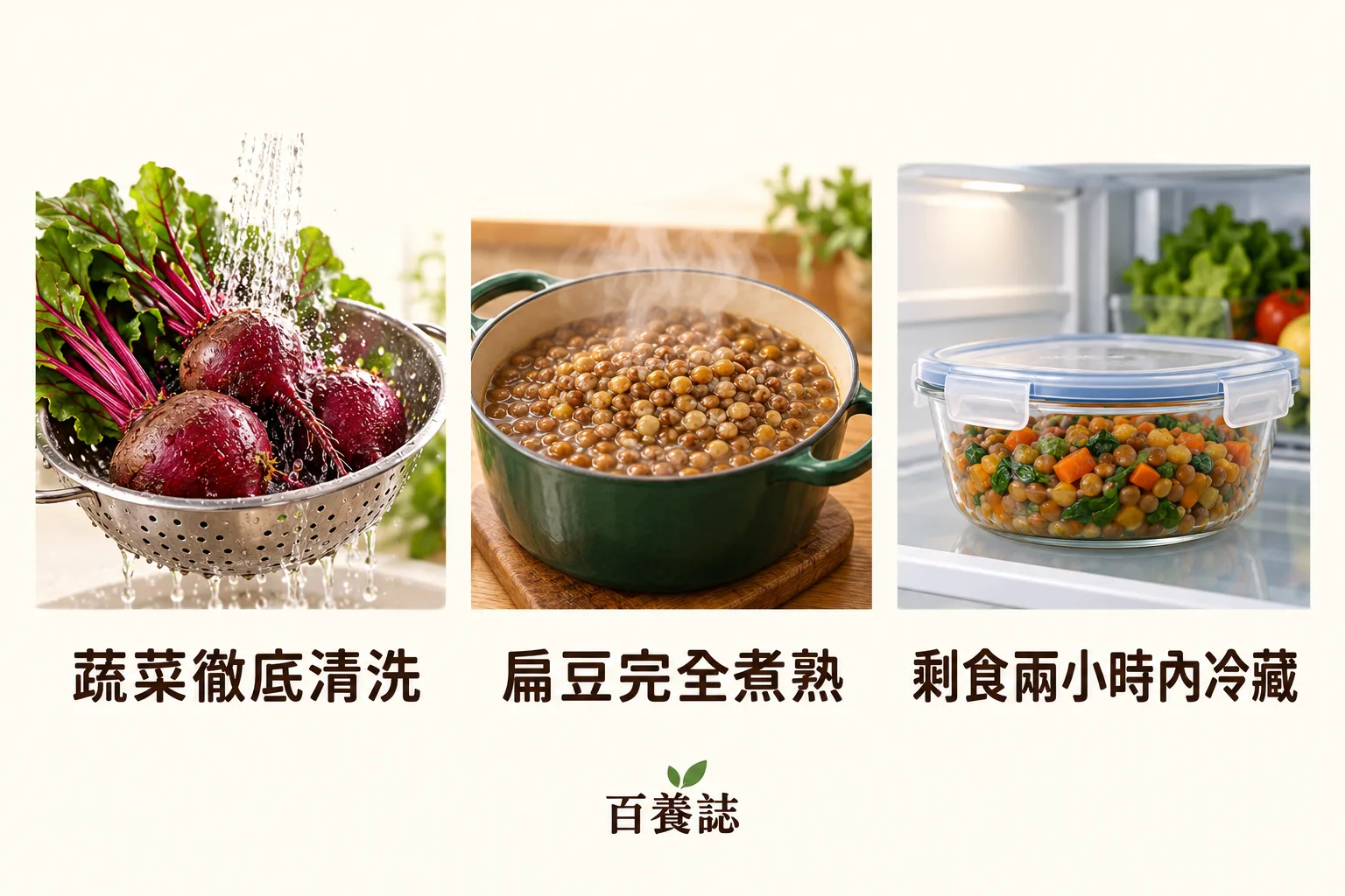 甜菜根扁豆暖沙律的清洗、煮熟與剩食冷藏三項食安提示。