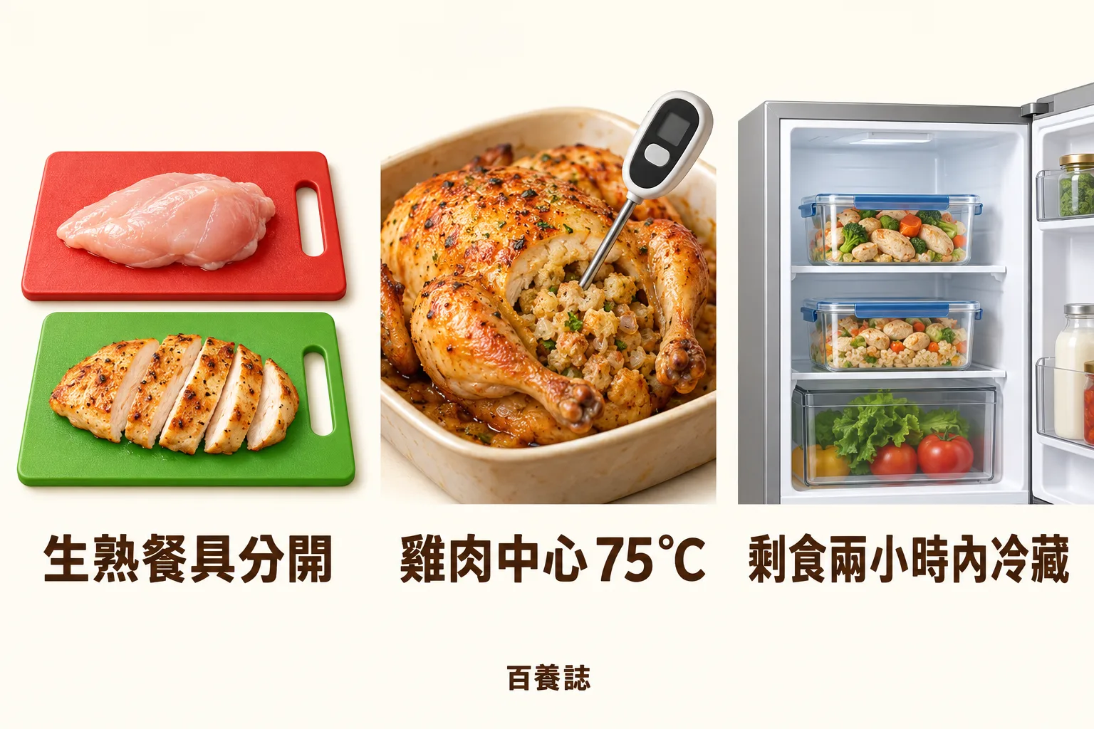 雞肉釀甜椒的生熟分開、雞肉中心75°C及剩食冷藏提示。