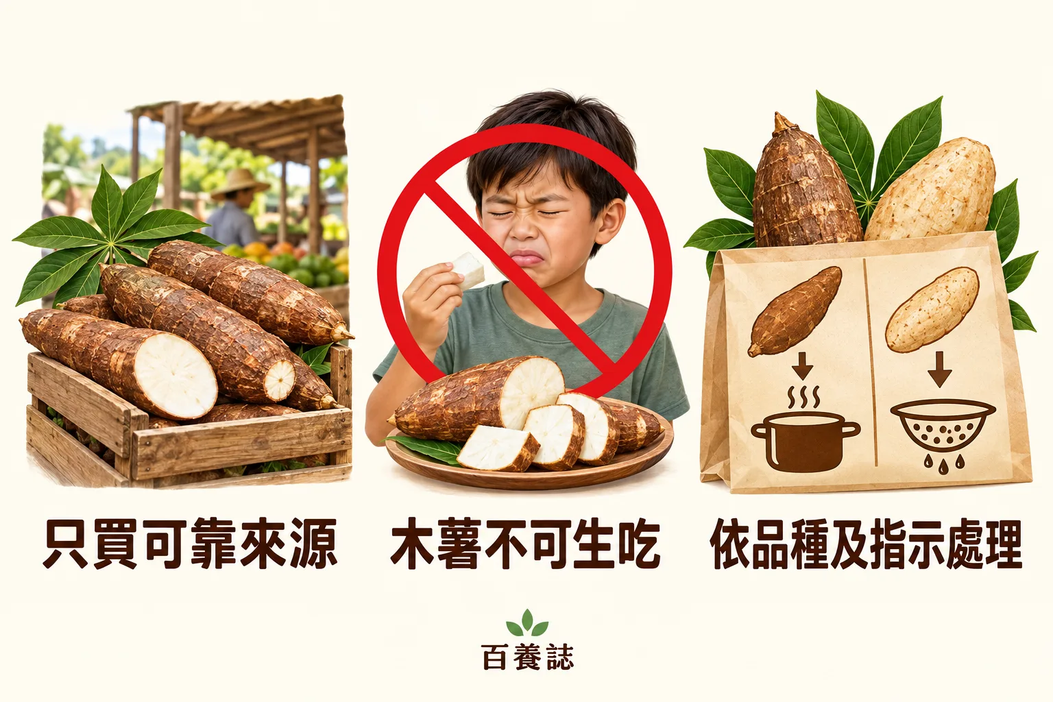 木薯只買可靠來源、不可生吃及依品種指示處理的提示。