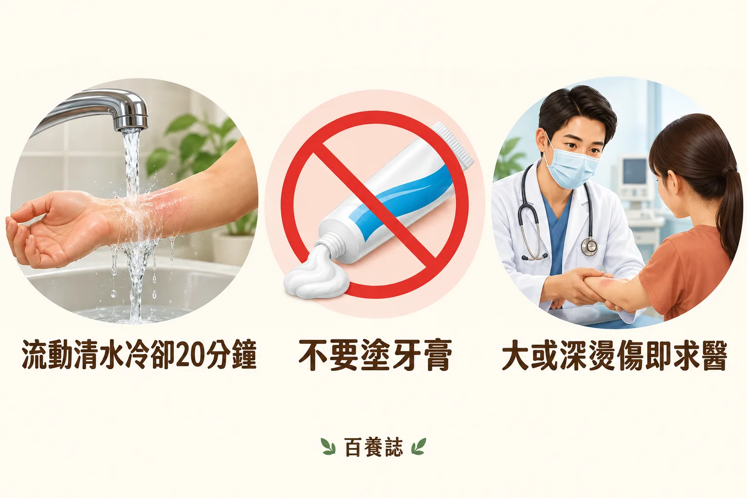 燙傷冷卻二十分鐘、不塗牙膏及大或深燙傷求醫的提示。