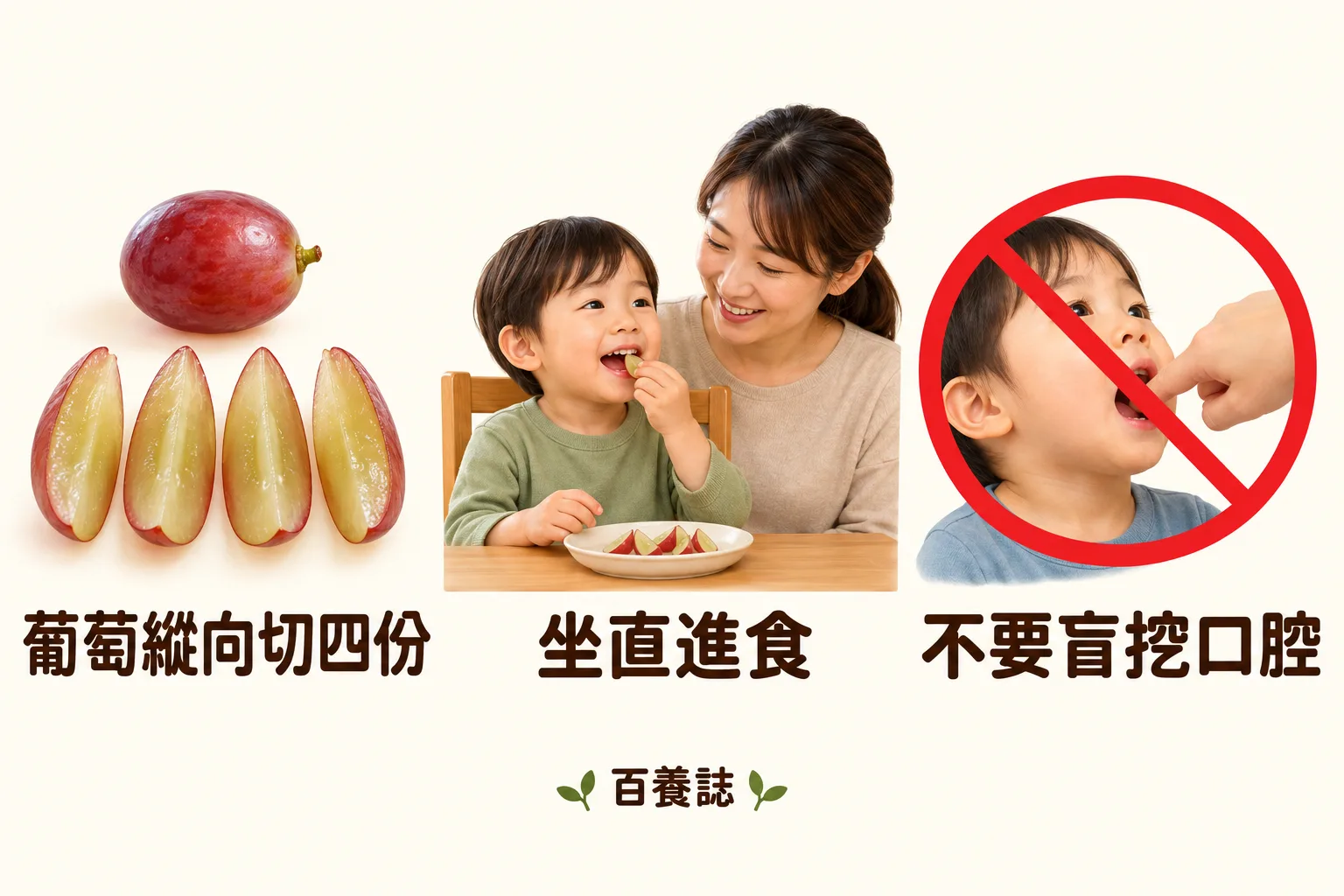 葡萄縱向切四份、坐直進食及不要盲挖口腔的提示。