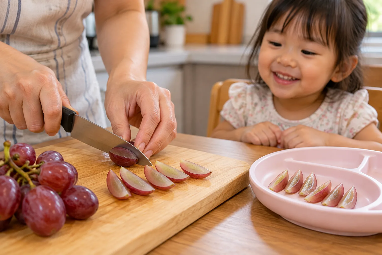 成人把葡萄縱向切成四份,幼童坐直並由成人看顧進食。
