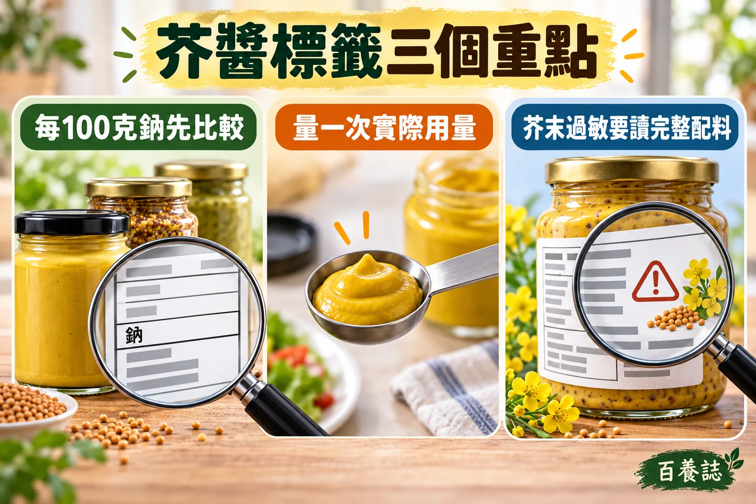 芥醬的鈉比較、實際用量與芥末過敏三項提示。