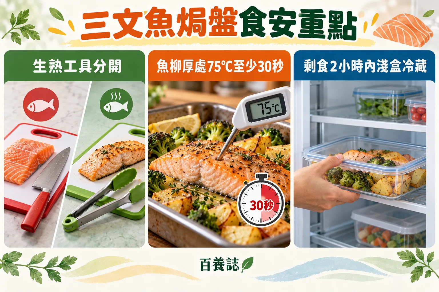 三文魚焗盤的生熟工具分開、75°C三十秒及剩食冷藏提示。