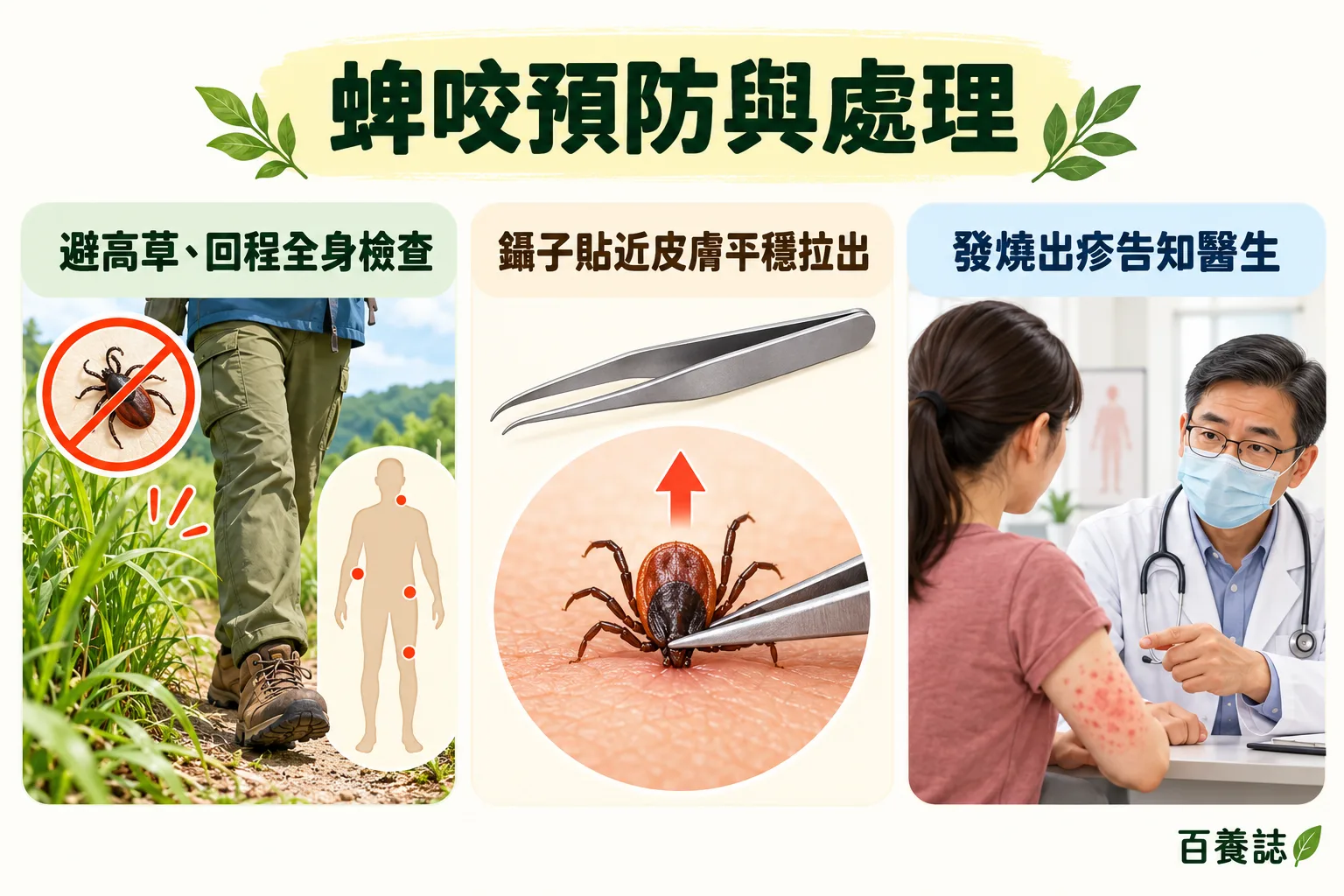 蜱咬的回程檢查、貼皮平穩移除及發燒出疹求醫提示。