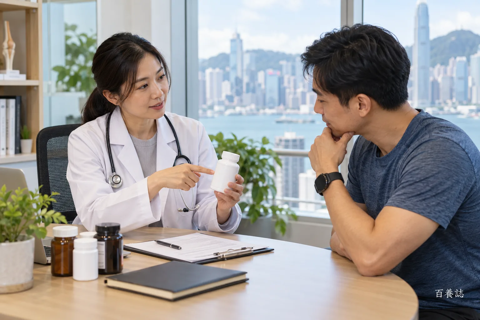 成人帶封閉補充劑瓶與藥單向專業人員查詢肌酸。