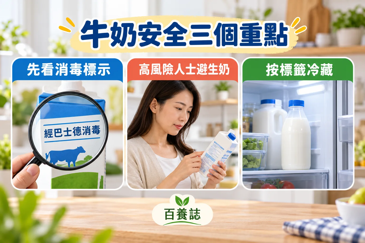 奶品熱處理、易受影響人士與冷藏保存三項提示。