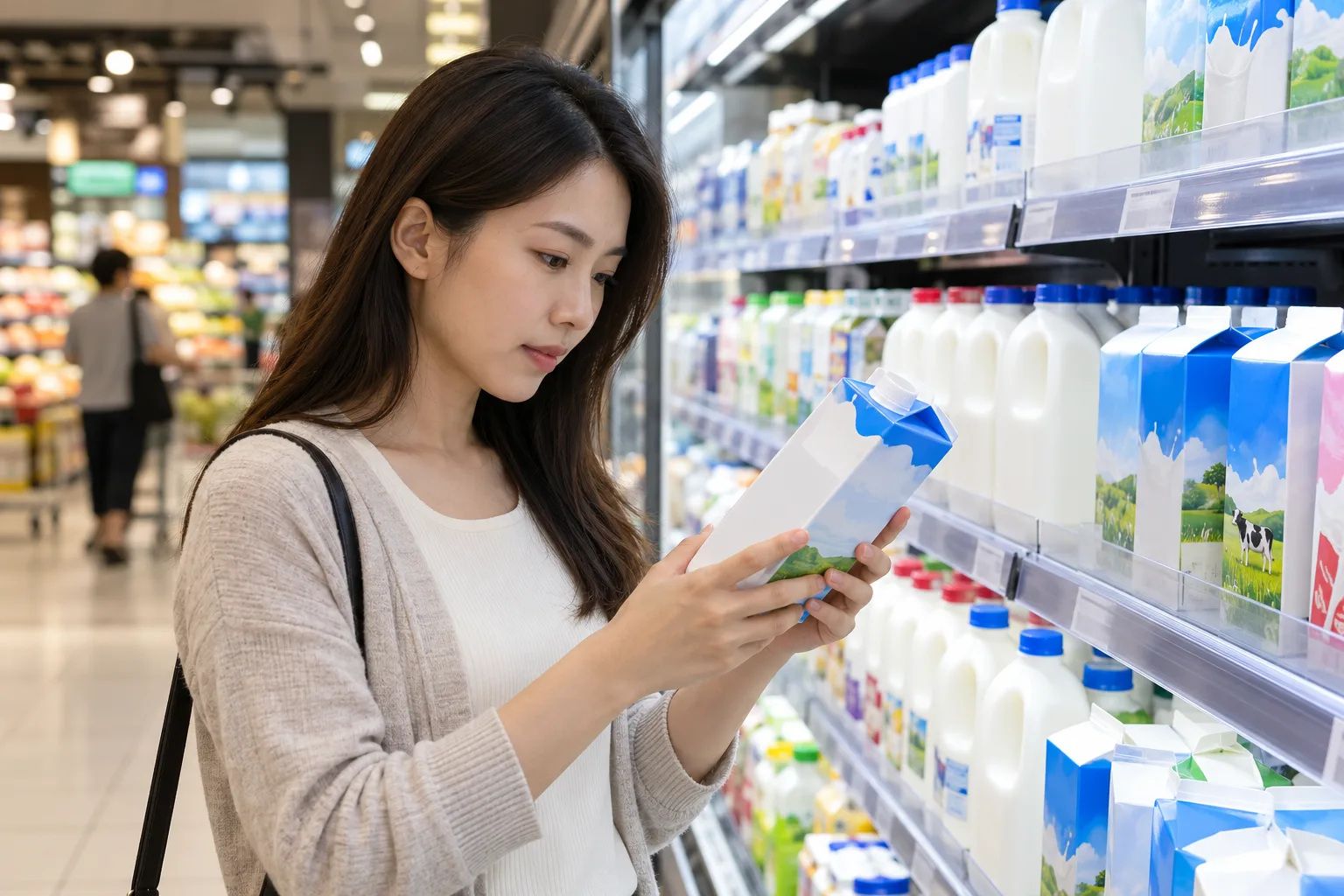 成人在冷藏奶品旁核對包裝的熱處理與保存指示。