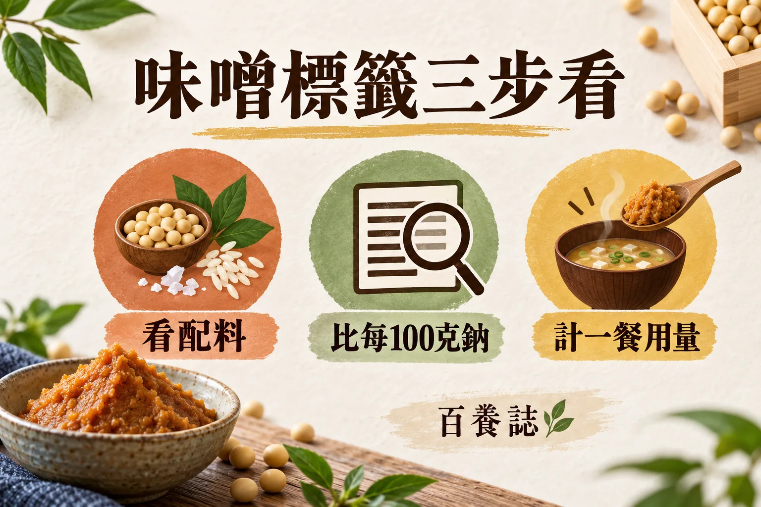 味噌標籤三步看:配料、每100克鈉與一餐用量