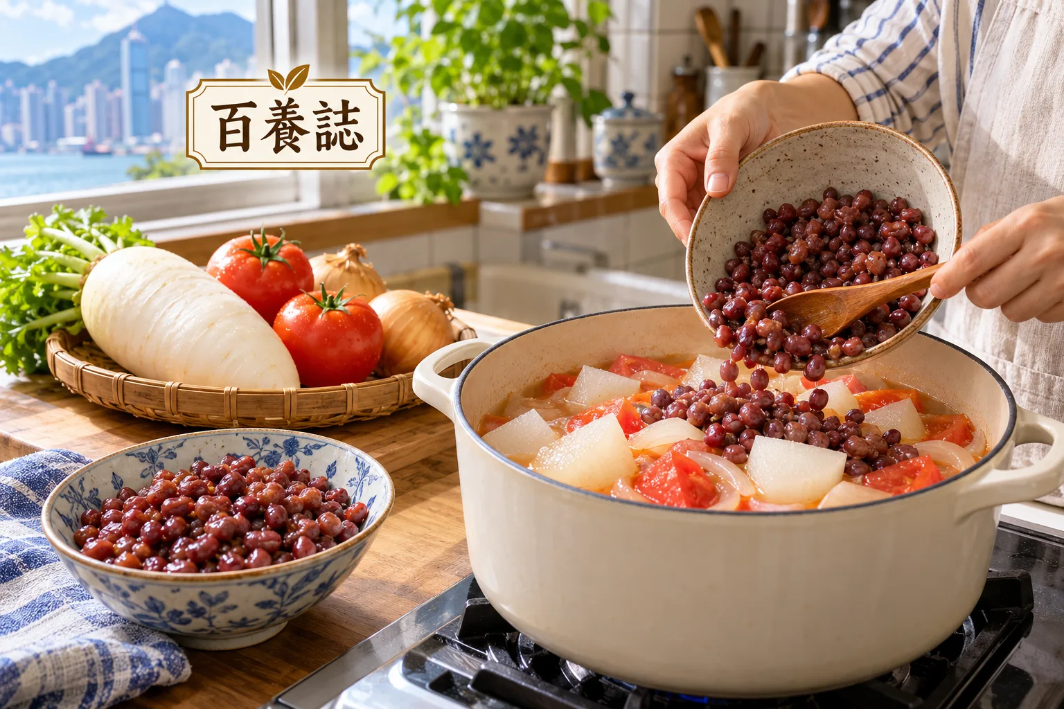 將已煮熟紅豆加入蘿蔔番茄鍋的烹煮情境