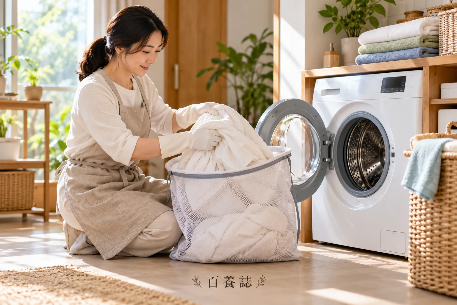 戴手套將用過床品放入清洗袋的家庭情境