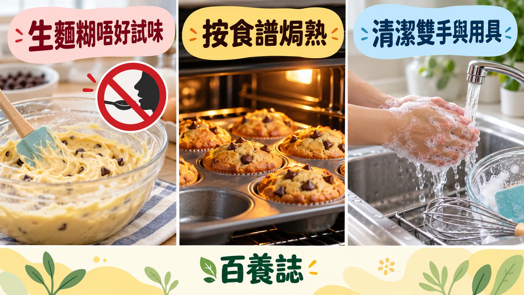不試生麵糊、按食譜焗熟及清潔用具的安全圖