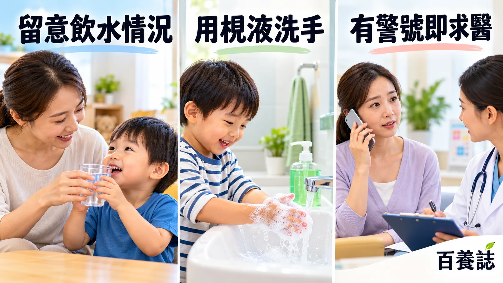 留意飲水、梘液洗手及有警號求醫的家庭照顧圖