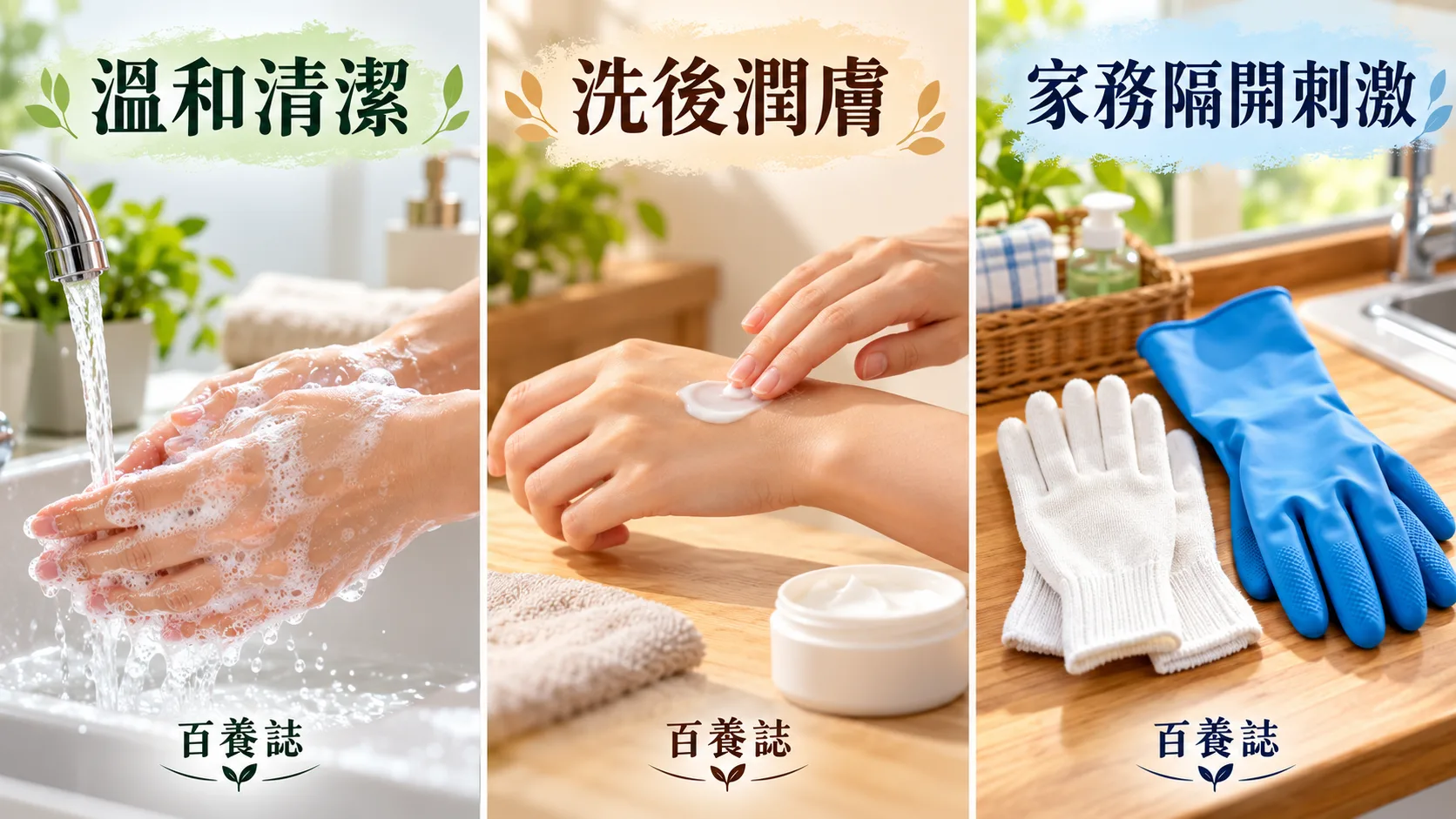 溫和清潔、洗後潤膚及家務隔開刺激的護理圖