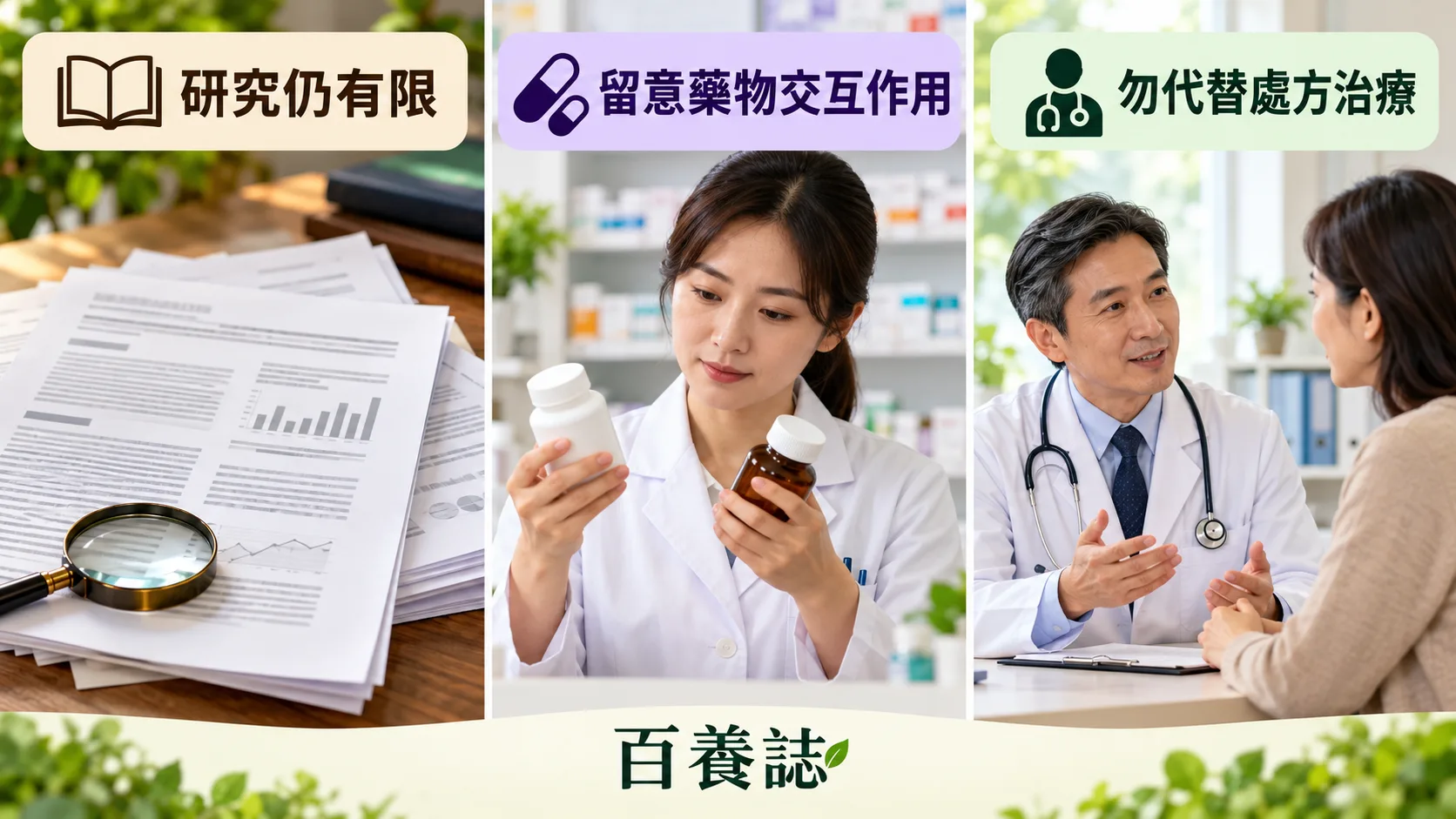 小檗鹼研究有限、藥物交互作用及不替代處方治療的提醒圖
