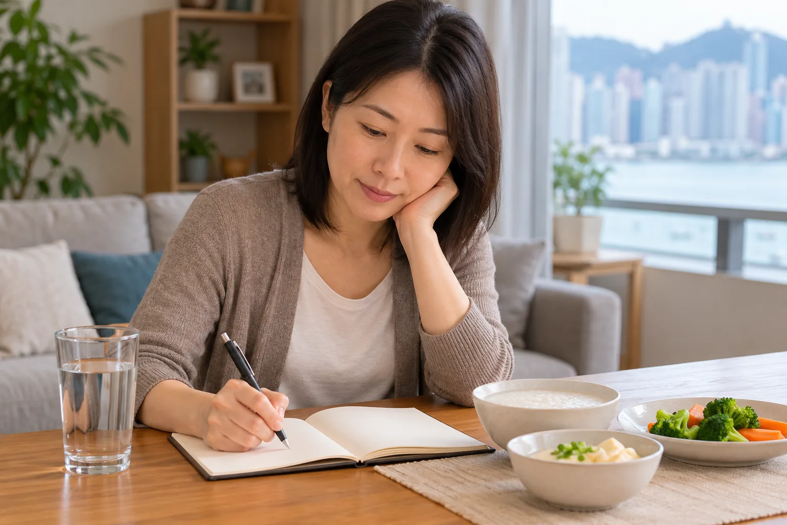 成人對着鏡子查看口腔情況,枱面放着記錄簿。