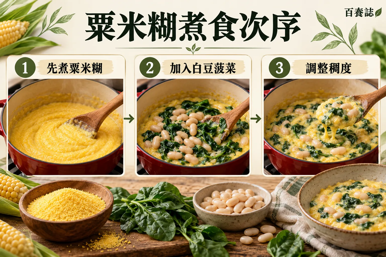 菠菜白豆粟米糊次序:先煮粟米糊、加入白豆菠菜、調整稠度。