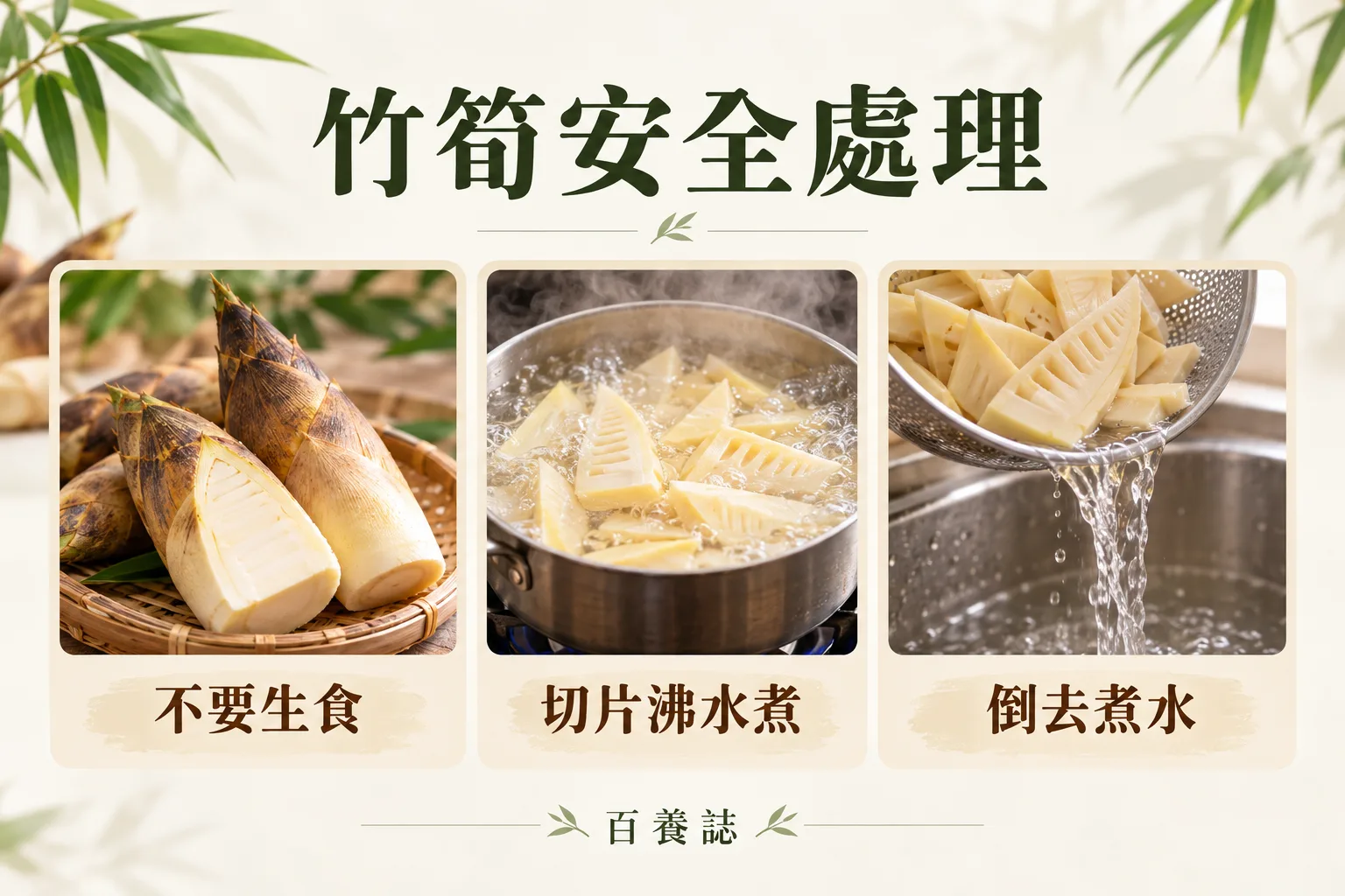 竹筍安全處理要點:不要生食、切片沸水煮、倒去煮水。