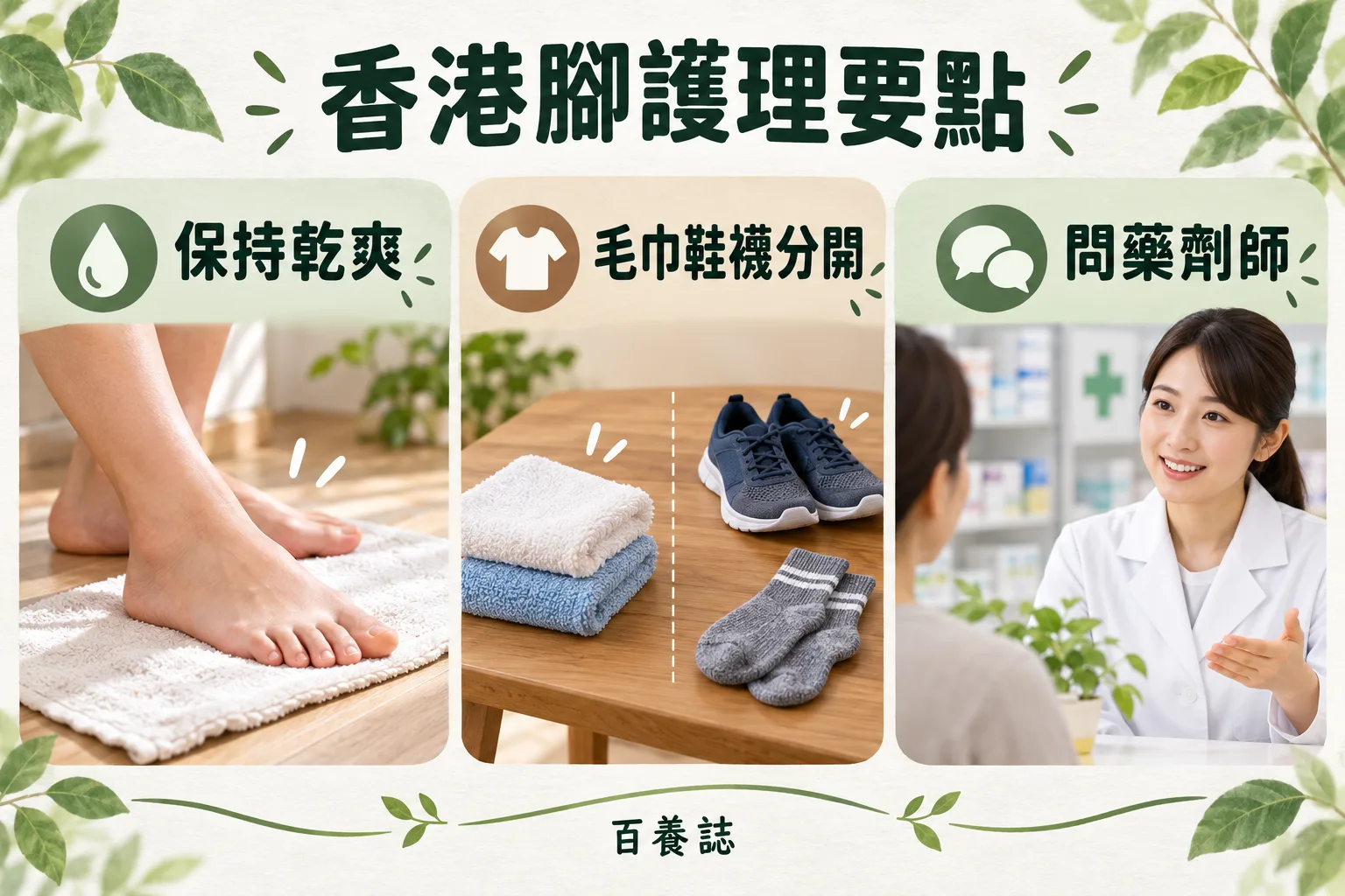 香港腳護理要點:保持乾爽、毛巾鞋襪分開、問藥劑師。