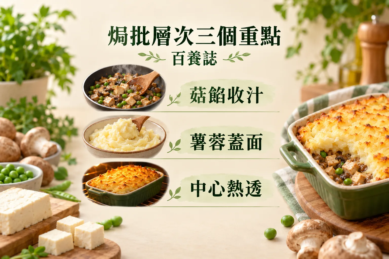 焗批層次圖解:菇餡收汁、薯蓉蓋面與中心熱透。