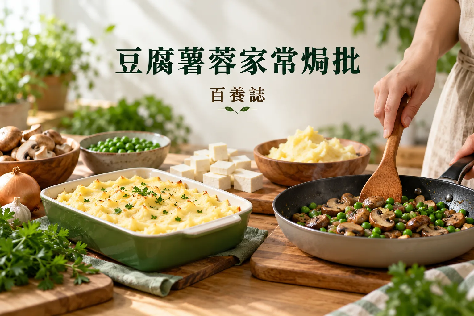 家居廚房中匿名雙手炒菇與青豆,旁放豆腐和薯蓉。